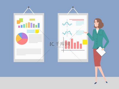 带有信息图表和图形矢量的海报、挂板上的方案、带剪贴板的女性和信息视觉表示以及秘书平面样式。