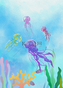 海洋生物矢量背景图片_海洋生物水母水彩背景
