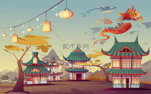 中国风禅意背景图片_中国的威方风筝节。中国传统民居、灯火通明、飞天纸红龙的矢量漫画景观