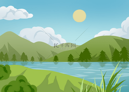 池塘卡通背景图片_山川河流天空白云绿色大自然风景背景