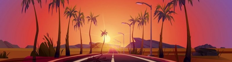 日落景观道路两侧有棕榈树透视图全景背景美丽的热带黄昏空旷的高速公路红色的天空明亮的太阳落下岩石卡通矢量插图日落景观道路两侧有棕榈树