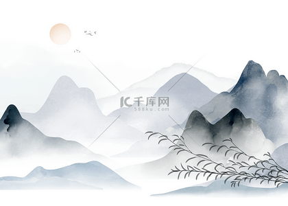 彩色水墨背景背景图片_云雾山间的落日山水水墨背景