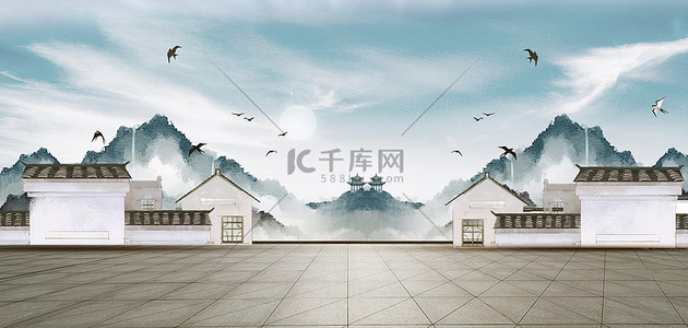 房地产背景图片_房地产建筑蓝色创意中国风背景