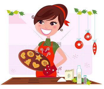 卡通时尚女士背景图片_秘方: 女人准备圣诞饼干