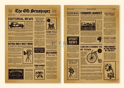 复古设计中发黄的逼真报纸页面，带有不同字体矢量插图的标题。