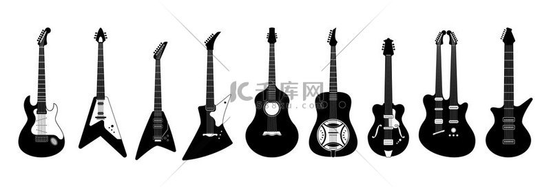 吉他乐器低音原声和电吉他用于摇滚和爵士乐摇滚歌曲黑色剪影系列孤立的形状音乐家设备图标矢量符号插图吉他乐器低音原声和电吉他