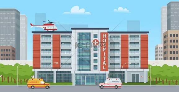 摩托车大图背景图片_ 大医院，有救护车和直升机在屋顶上。全景市，有住院。矢量图以扁平的风格。游戏和移动应用的背景.