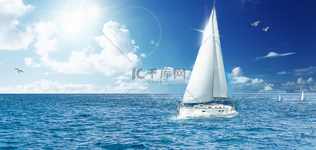 帆船背景图片_乘风破浪帆船大海蓝色大气合成海报背景