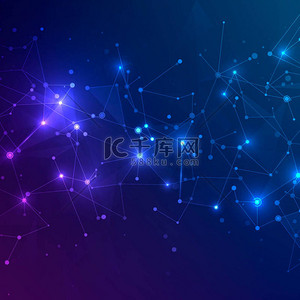 在深蓝色和紫色背景下具有多边形形状的技术网格。设计数字技术概念。混沌网络丛结构。抽象未来的纹理。矢量插图
