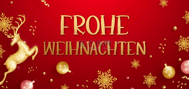 德国圣诞节金色圆球麋鹿红色背景