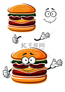 卡通快乐芝士汉堡角色，配有肉饼、新鲜西红柿、生菜叶、奶酪和芝麻面包包，竖起大拇指。
