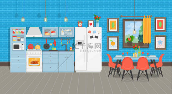 现代化舒适的厨房内部与餐桌，冰箱，厨房炉，碗碟。 矢量插画平面卡通风格.