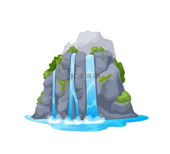 自然公园卡通水瀑布孤立的山瀑布岛屿瀑布自然水流旅行背景或岩石上有树木的河流瀑布清洁流矢量游戏资产卡通瀑布孤立的山瀑布