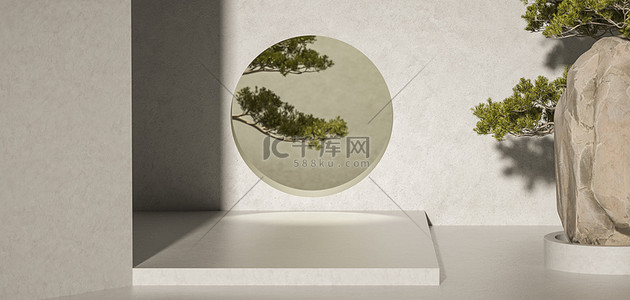 暖色背景背景图片_C4D中国风岩石松树暖色质感背景