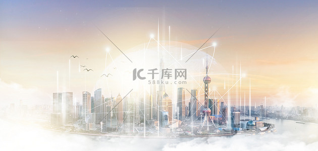 创意合成企业背景图片_科技城市上海建筑简约创意合成