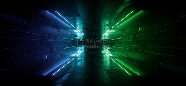 Neon laser Schematic Motherboard Texture Blue Green laser Alien Spacship Dark Night Showroom Tunnel Empty Space Background 3D Rendering Illustration