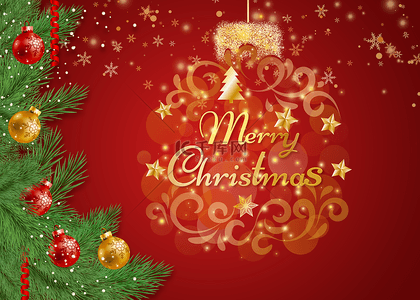 主题插画字体背景图片_圣诞节金色线条圣诞树挂件装饰背景
