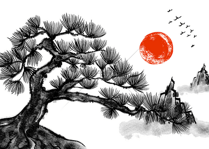 春天风景模板背景图片_松树红日飞鸟水墨装饰背景
