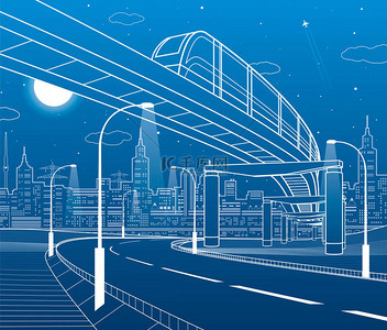 单轨铁路。照明高速公路。运输例证。地平线上的现代城市背景。夜场面。蓝色背景上的白色线条。矢量设计艺术