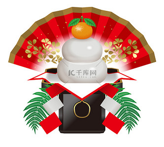 卡加米 · 莫奇的例证。日本新年装饰品。米糕神道是一种圆形的、扁平的米糕，在新年等场合送给神道和佛神.