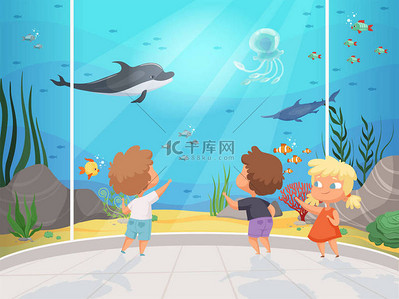 水族背景图片_水族馆里的孩子儿童与老师在大水博物馆水下不同的鱼海洋动物快乐人的背景