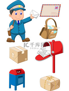 蓝色快乐背景图片_Cartoon Mail carrier with bag and letter