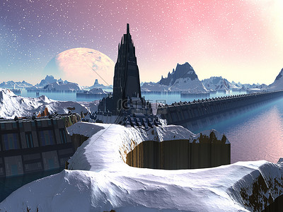 未来的外星城市在冬天风景