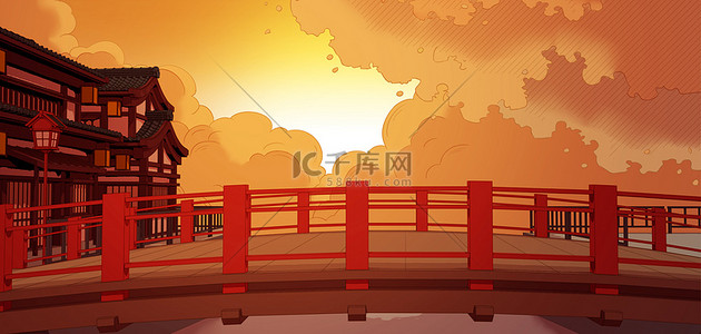 秋天风景背景图片_中国风海报夕阳建筑