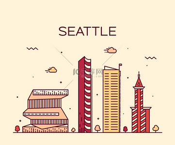 西雅图背景图片_西雅图的天际线时尚矢量插画线性