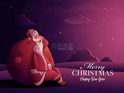 张天师画像背景图片_圣诞佳节快乐，圣诞佳节快乐，圣诞卡通片《背着沉重的袋子睡在明亮的紫色背景下的圣诞老人的画像》.