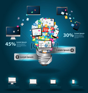 服务背景图片_技术业务软件和社交媒体计算机网络的服务理念，创意灯泡与云的丰富多彩的应用程序图标