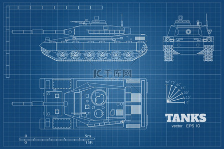战争背景图片_现实坦克的蓝图。顶部, 正面和侧面视图。详细的装甲车辆。工业制图。战争车在外形样式