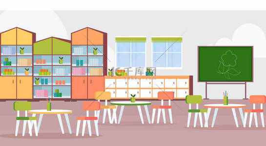 卡通背景背景图片_学龄前现代幼儿园儿童教室与黑板课桌和椅子装饰家具空没有人孩子房间内部平平水平