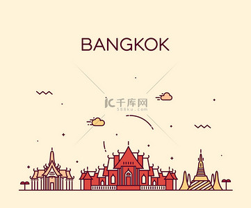 庙宇設計背景图片_Bangkok skyline trendy vector illustration linear