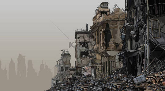 城市背景建筑的废墟,下面都是垃圾.矢量图像