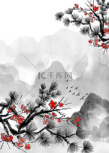 冬季花朵背景图片_松树抽象红色花朵水墨背景