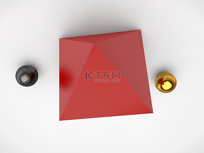 红色棱镜和两个球状的贵金属的图像。倒置图像。坚定和原则的象征。白色背景上的3d 渲染.