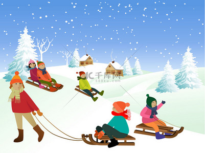 快乐体育活动背景图片_儿童在雪橇上