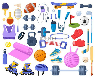 卡通运动器材、健身、运动员健身房配件。