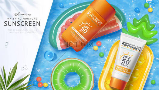 三维日光浴主题的防晒霜广告模板。顶部的塑料模型躺在水果状的百合花上，漂浮在游泳池的水面上。暑期护肤的概念.