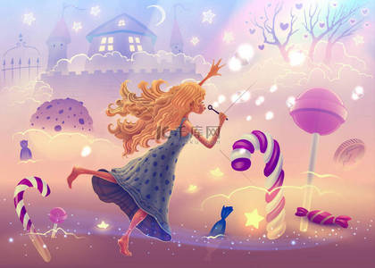 幻想风景画与梦想女孩飞在甜蜜的世界与圣诞糖果手杖，神奇的粉红云，五彩缤纷的彩虹，霓虹灯发光的肥皂泡。矢量童话绘图.