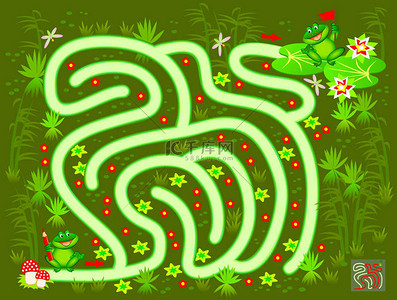 书背景图片_儿童和成人的逻辑迷宫游戏。帮助小青蛙在沼泽地里找到路直到他的朋友。儿童智力测试书的可打印工作表。Iq培训测试。矢量图像