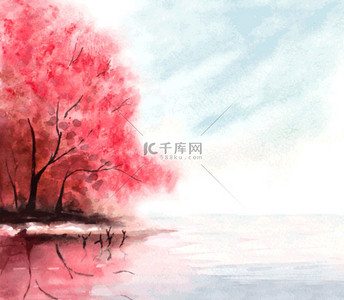 水彩的秋天背景与红色的树和湖里的水。vect