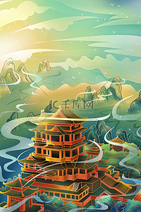 中国风建筑绿色国风大气长背景海报
