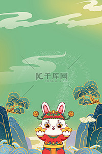 中国复古背景图片_兔年祥云兔子红绿国潮中式背景