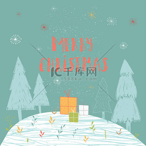 圣诞快乐可爱的贺卡与森林和礼物。手绘风格的海报邀请, 儿童室, 苗圃装饰, 室内设计.