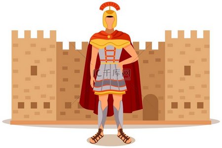 罗马堡垒、头盔、斗篷和盔甲的古代士兵站在城镇广场的古董建筑附近。