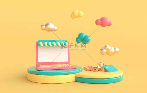 laptop背景图片_Laptop, clouds, coins and credit card on podium. Online shopping, payment concept 3d render