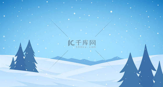 卡通冬季雪山平坦的景观与松树和丘陵。蓝色圣诞背景