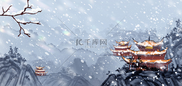 下雪建筑背景图片_大雪古风建筑